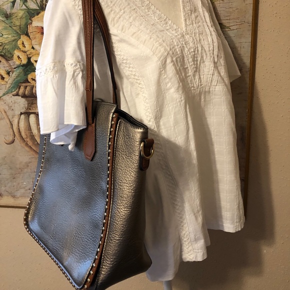 Treska Silver & Brown Studded Shoulder Bag - NWOT - Picture 2 of 16